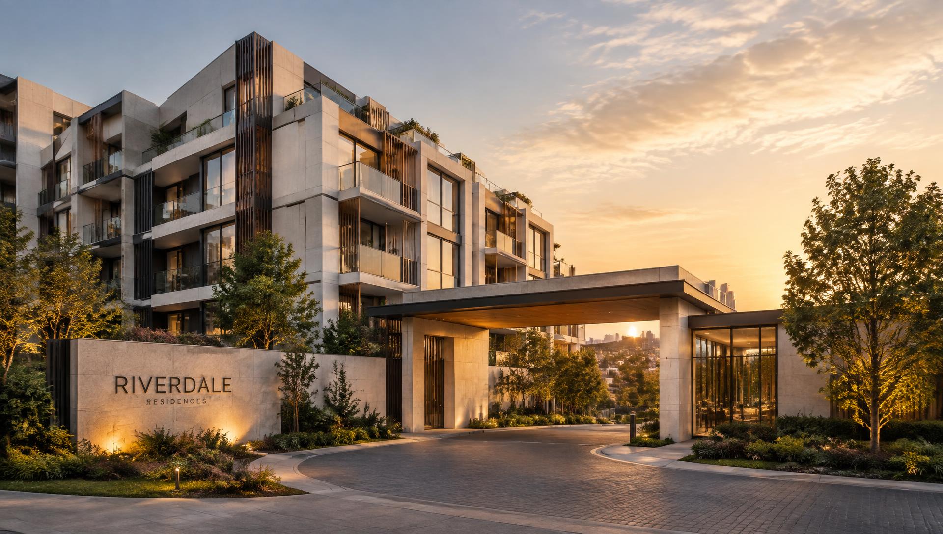 Acceso principal de un desarrollo residencial al atardecer
